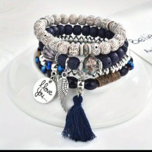 4 Pc Set Bohemian Style Creative Crystal Multilayer Stretching Bracelet Blue